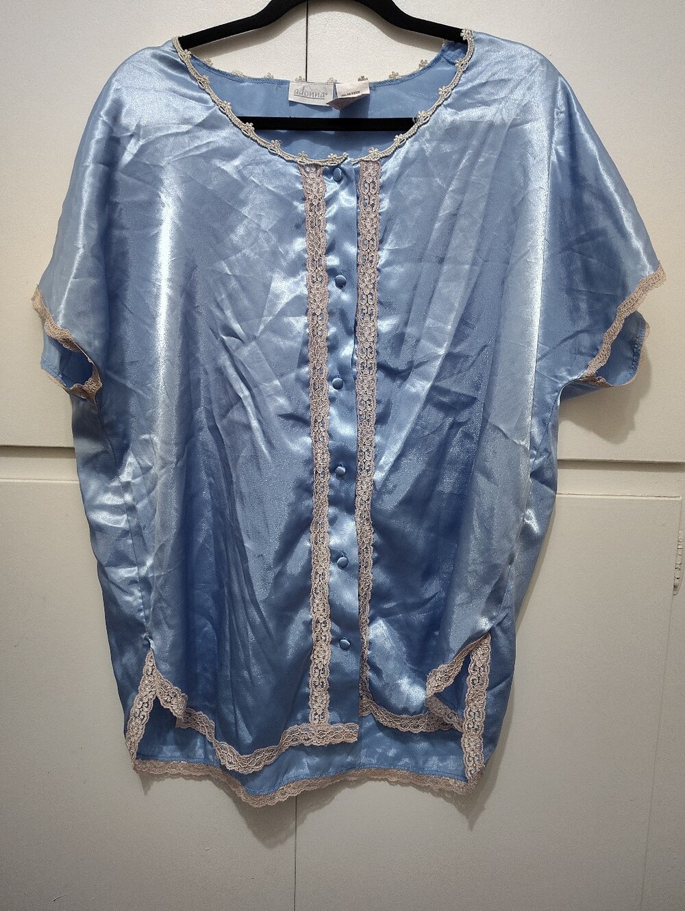 Vintage Adonna Baby Blue Lace Trim Satin Button Down Night Shirt Gown Size Large